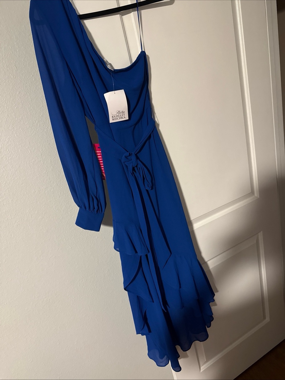 Belle Badgley Mischka One Shoulder Long Sleeve Ruffle Midi Dress Blue 12